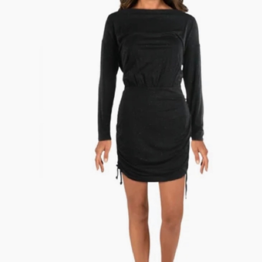 Chaser Black Glitter Long Sleeve Ruched Drop Waist Dress Size Small